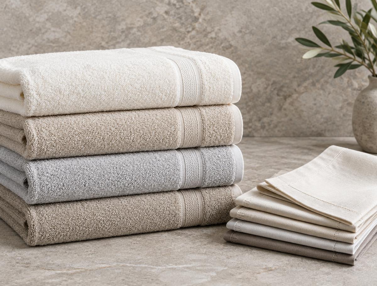 Folded cotton towels and coordinated textile napkins