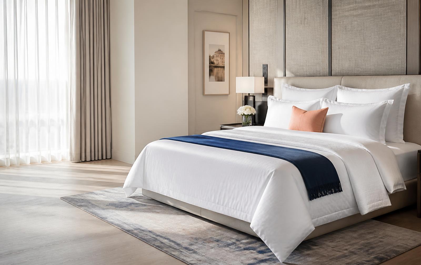 White bed linen with navy and peach accents