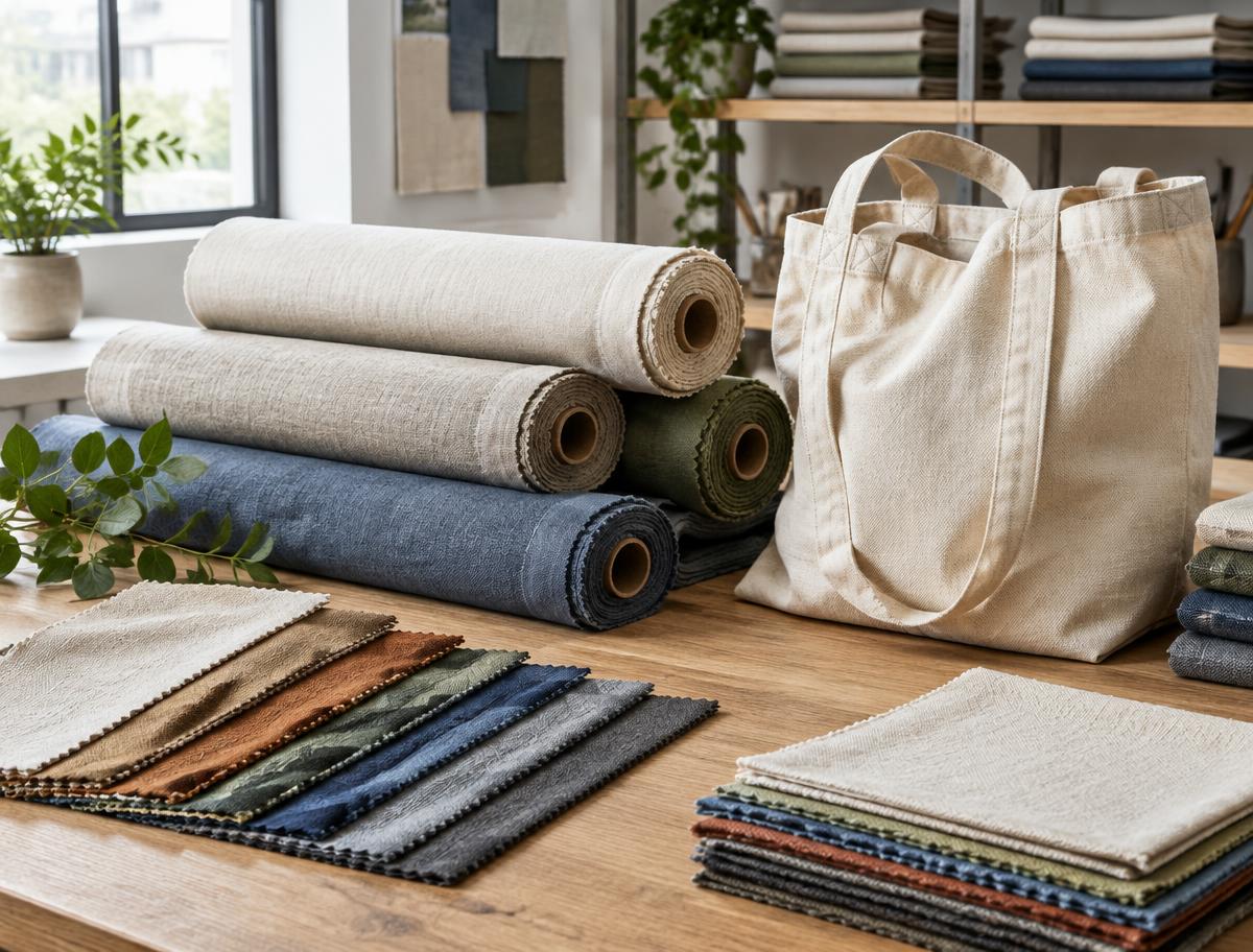 Cotton fabrics, swatches and a natural canvas tote bag