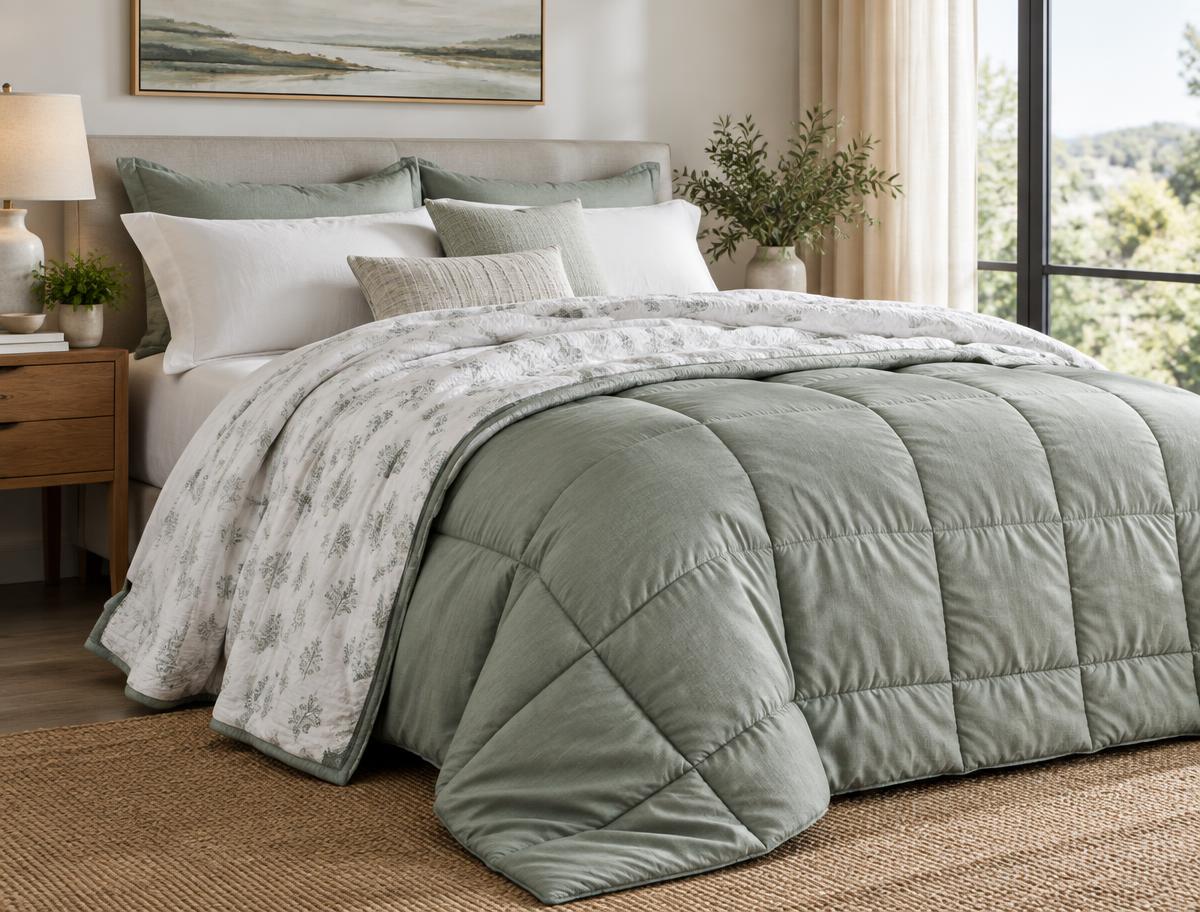 Layered quilt and comforter on a premium hotel bed