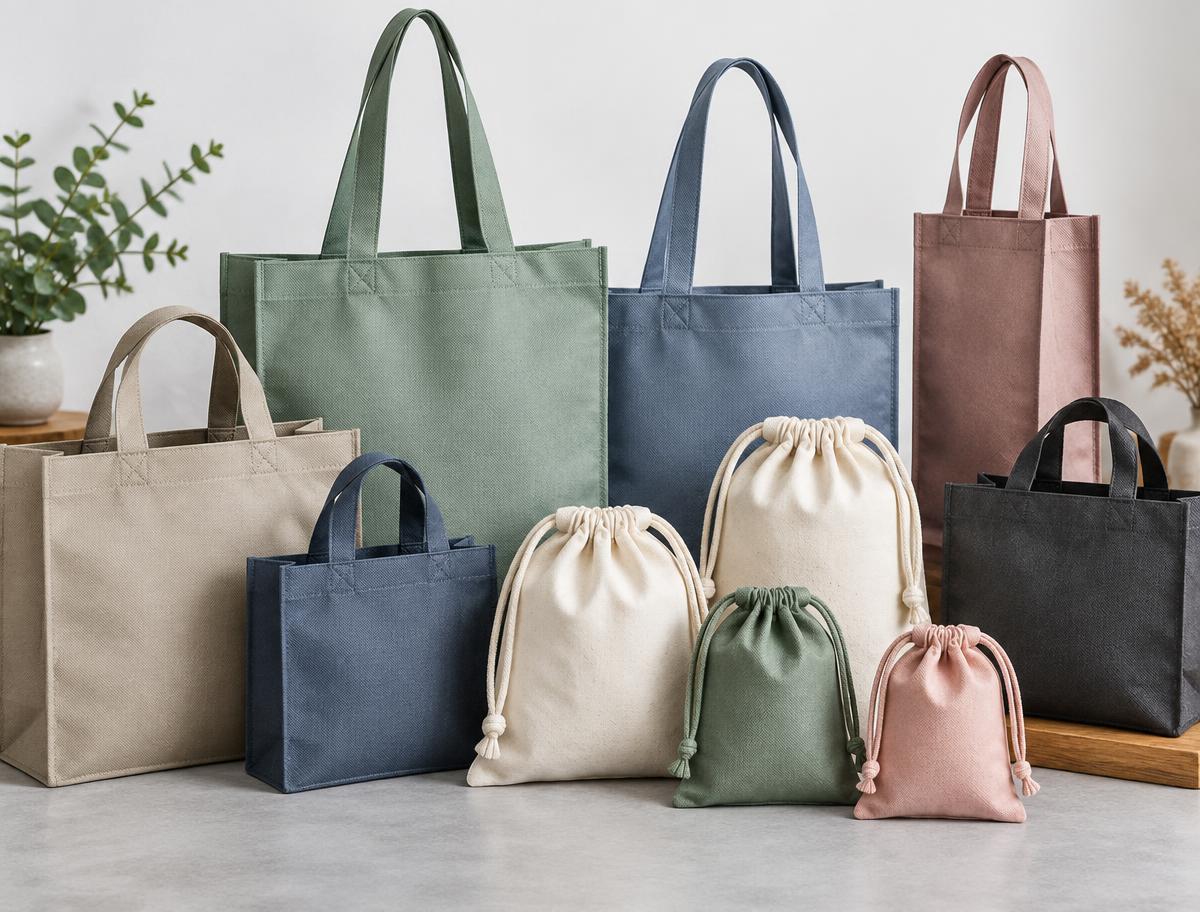 Drawstring and reusable non-woven bags in a studio display
