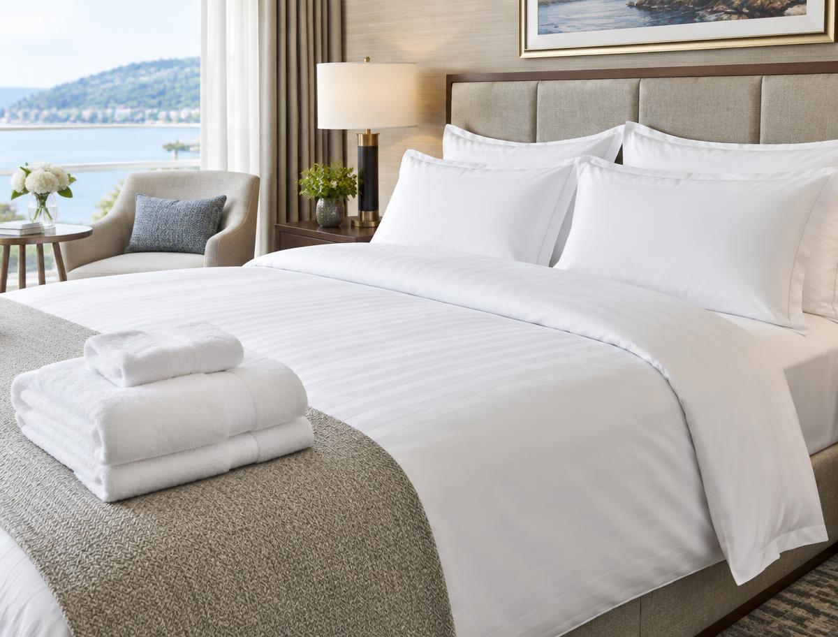 Crisp white hotel linen arranged in a bright guest room